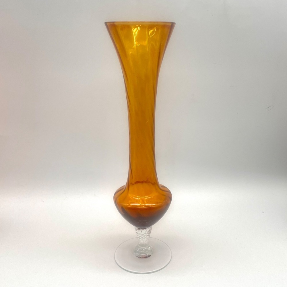 Empoli Art Glass Vase Amber Optic Twist Pedestal‎ Mid Century Italian 10"